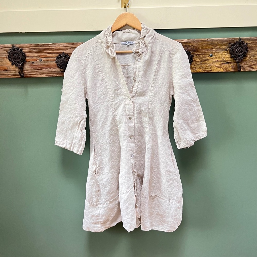 Tempo Paris Womens‎ 100% Linen Button Front Ruffle Neck Tunic Dress  L